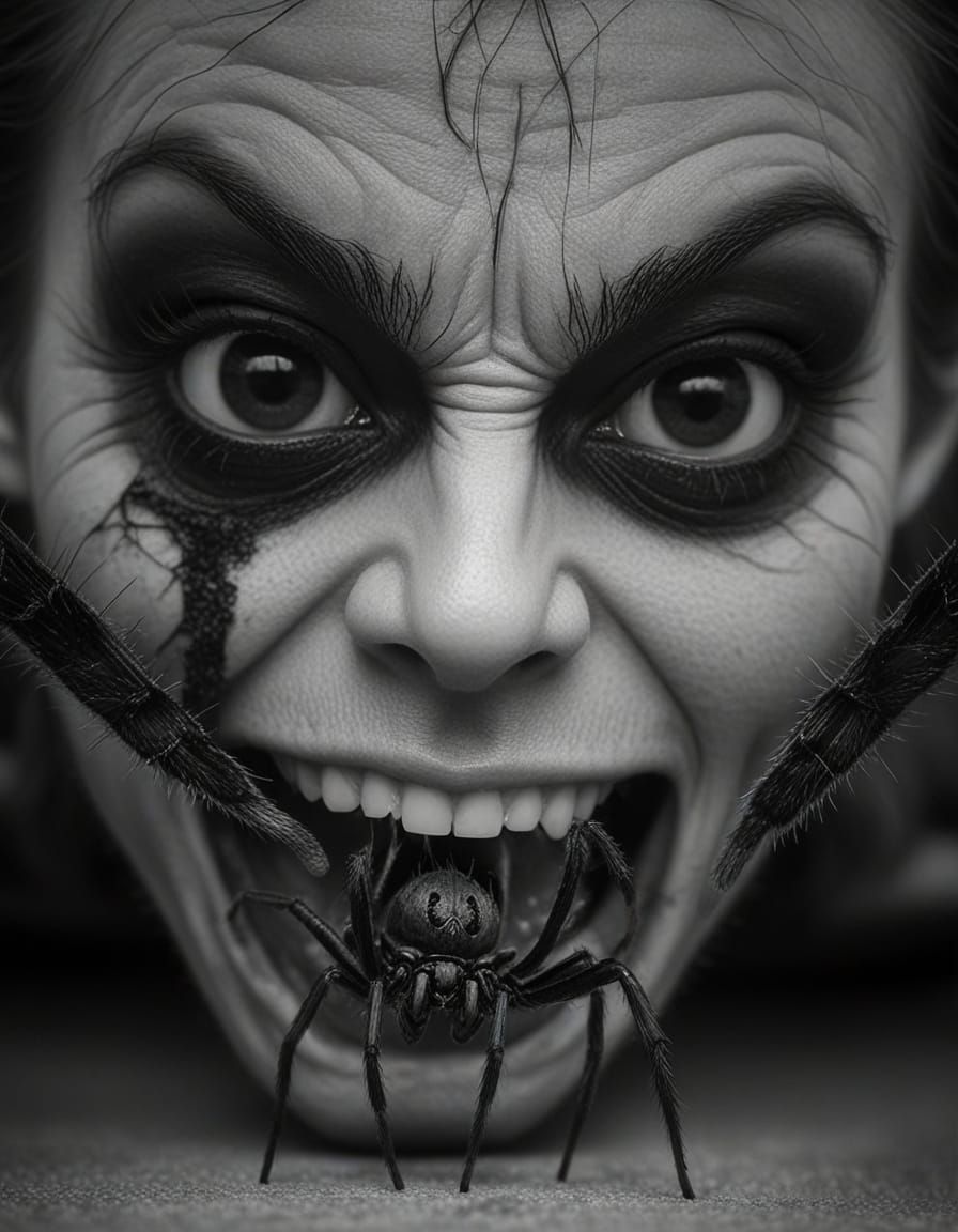 Monochromatic Horror of a Giant Spider Human Hybrid