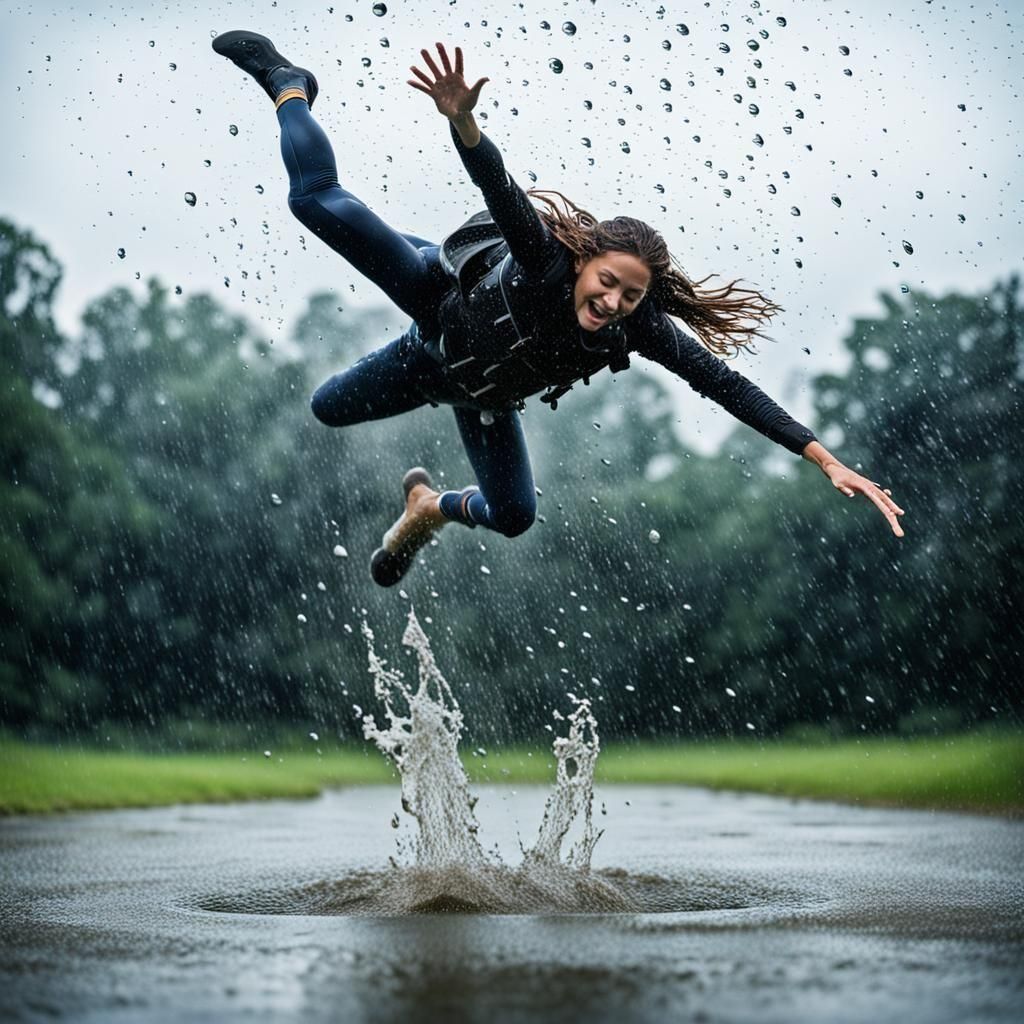 Woman Diving into a Rain Puddle