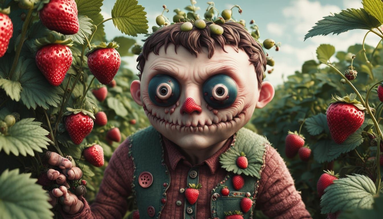 Scary Cute Man with Button Eyes in Strawberry Bushes