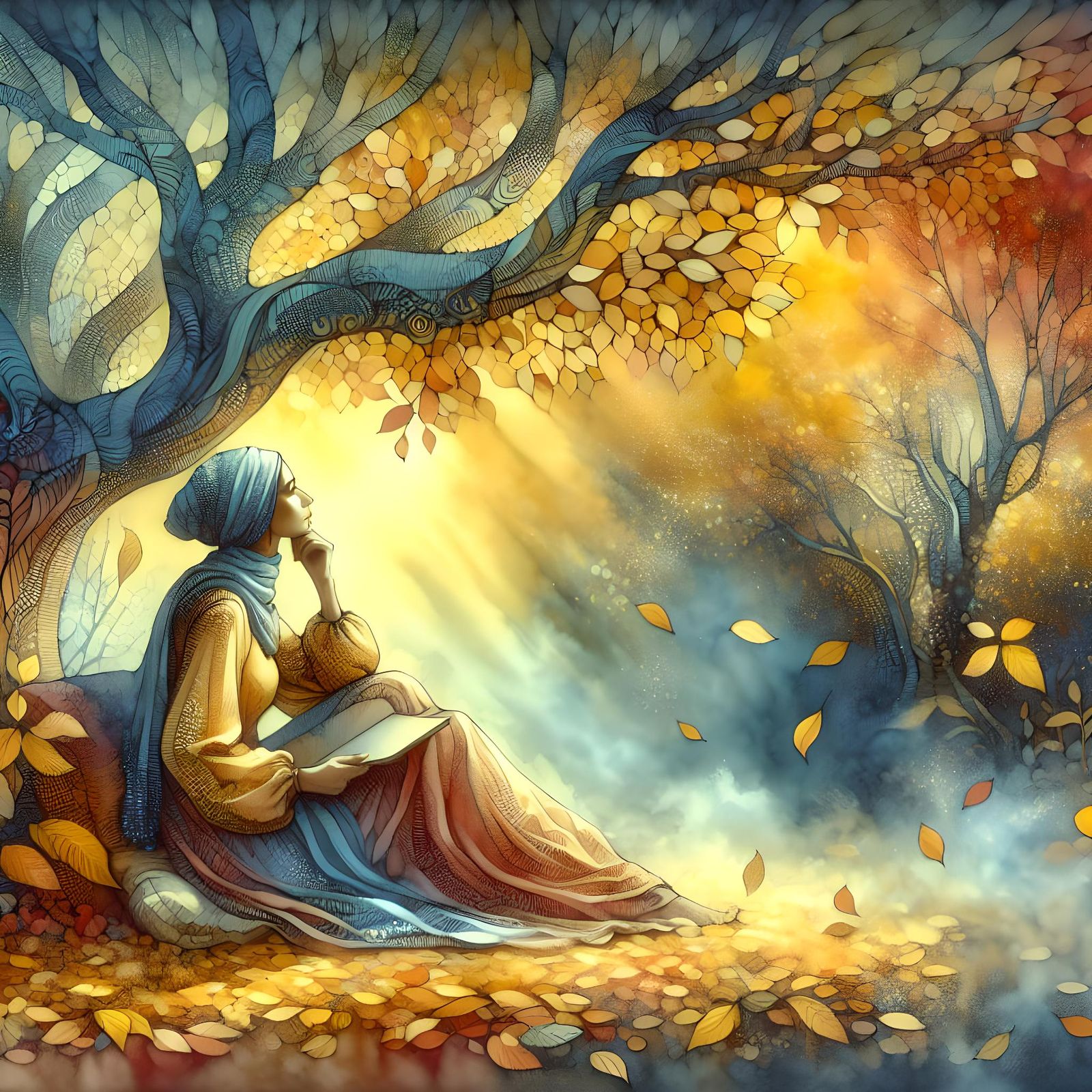 Autumnal Woman in Surreal Watercolor Sunrise