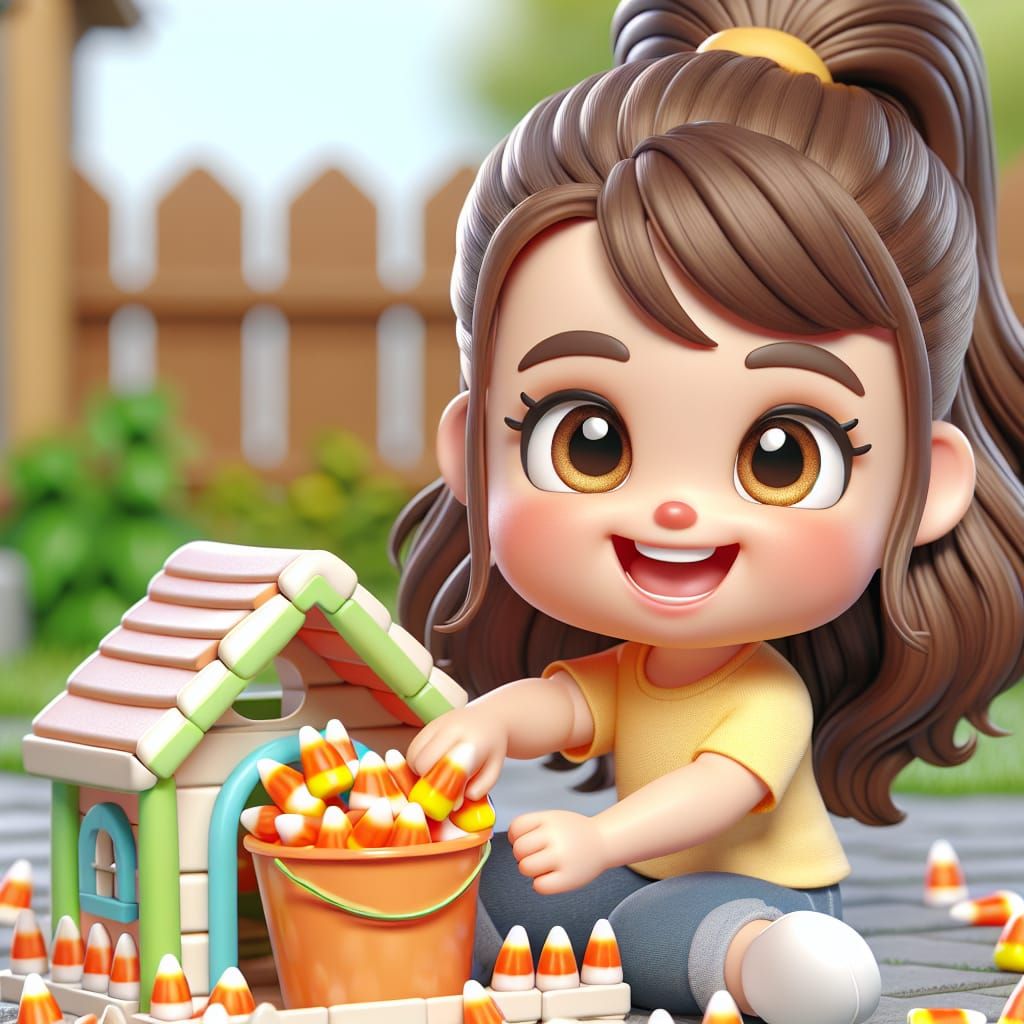 Disney Pixar style 3D adorable little girl, big happy expression, sweet face and happy brown eyes, hair in a long wavy p...