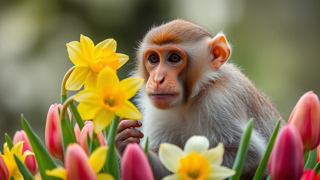 Monkey in Vibrant Spring Bloom