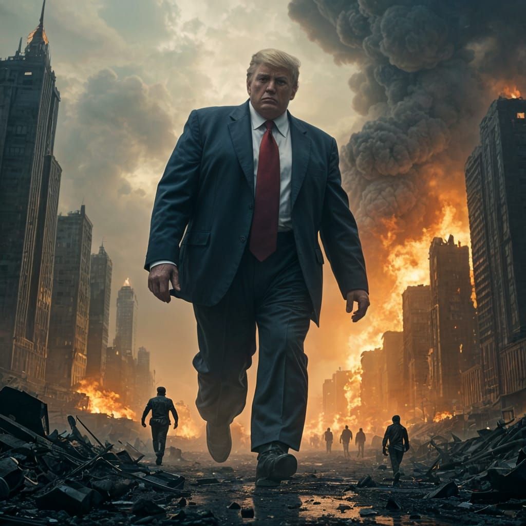 Giant Tyrant Trump Stomps Through Ruined City