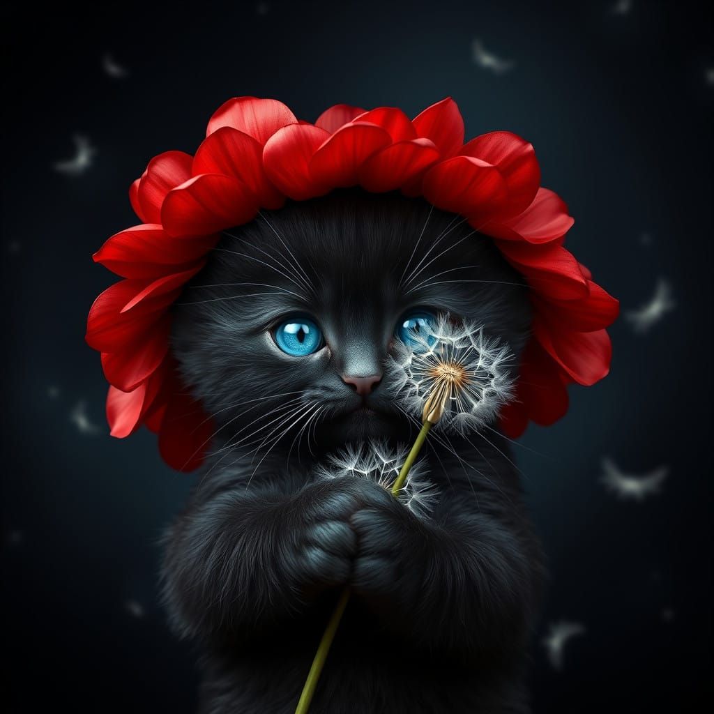 Whimsical Kitten Holds a Dandelion in a Dreamlike Scene