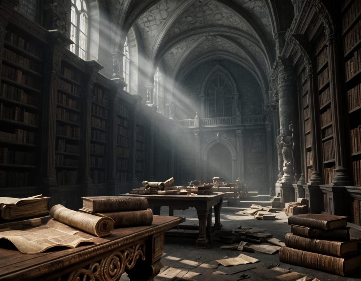 Grand Forgotten Library in Dark Fantasy Style