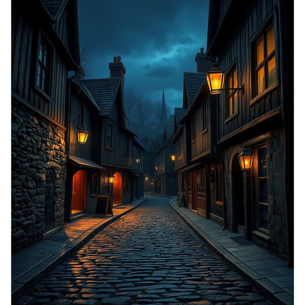 Cinematic Matte Painting of Old Scottish Alley at Night