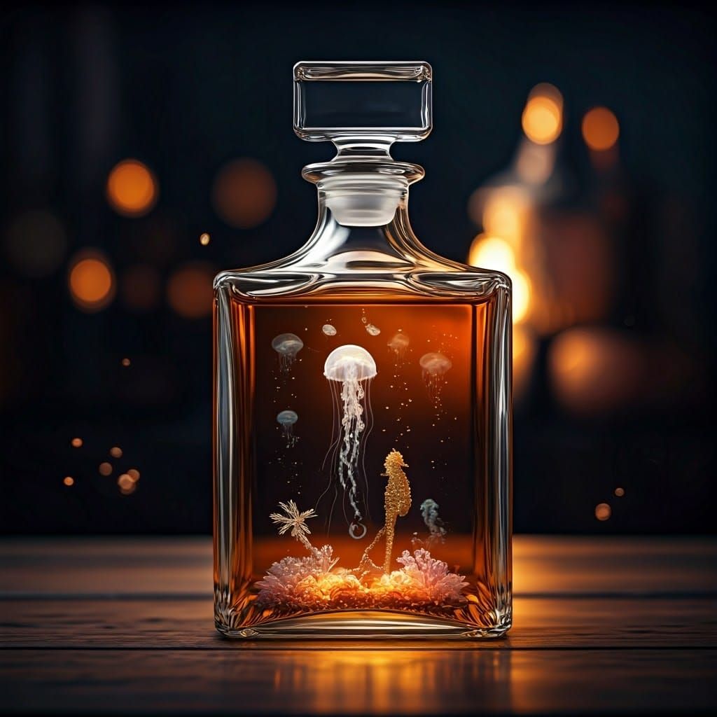 Whiskey Decanter with Glowing Sea Creatures Still Life