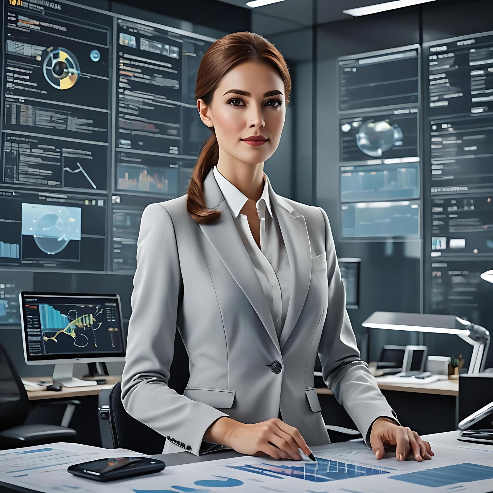 Futuristic CFO in a Modern Office, Cinematic Still