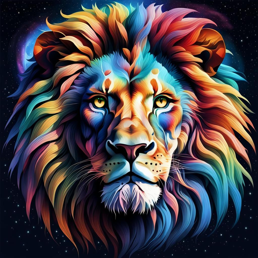 surrealistic digital artwork featuring a lion's face