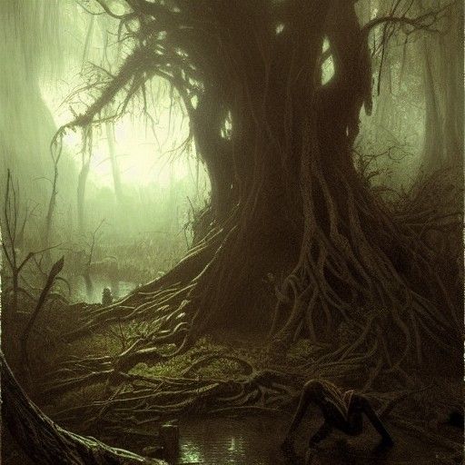 Goblin Ranger in a Dark Swamp, Gothic Art