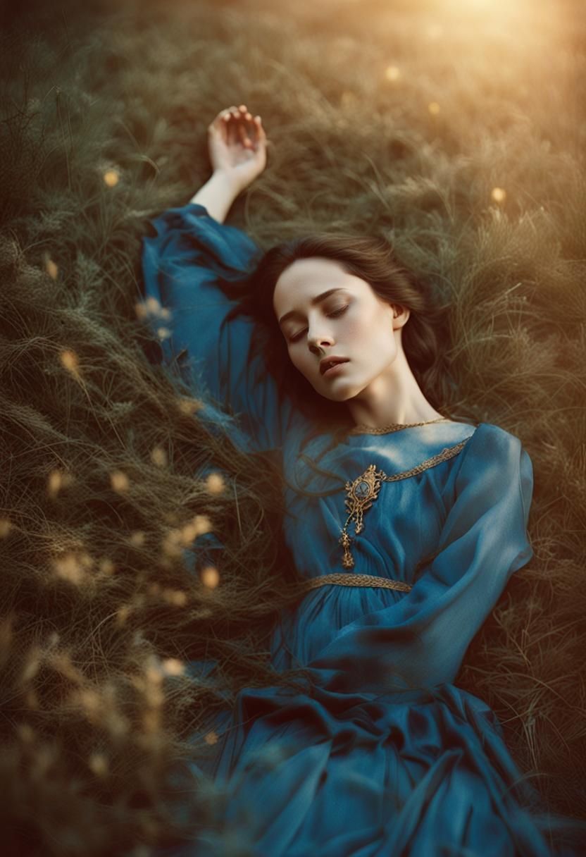 Medieval Lady in Blue Dress in Golden Light