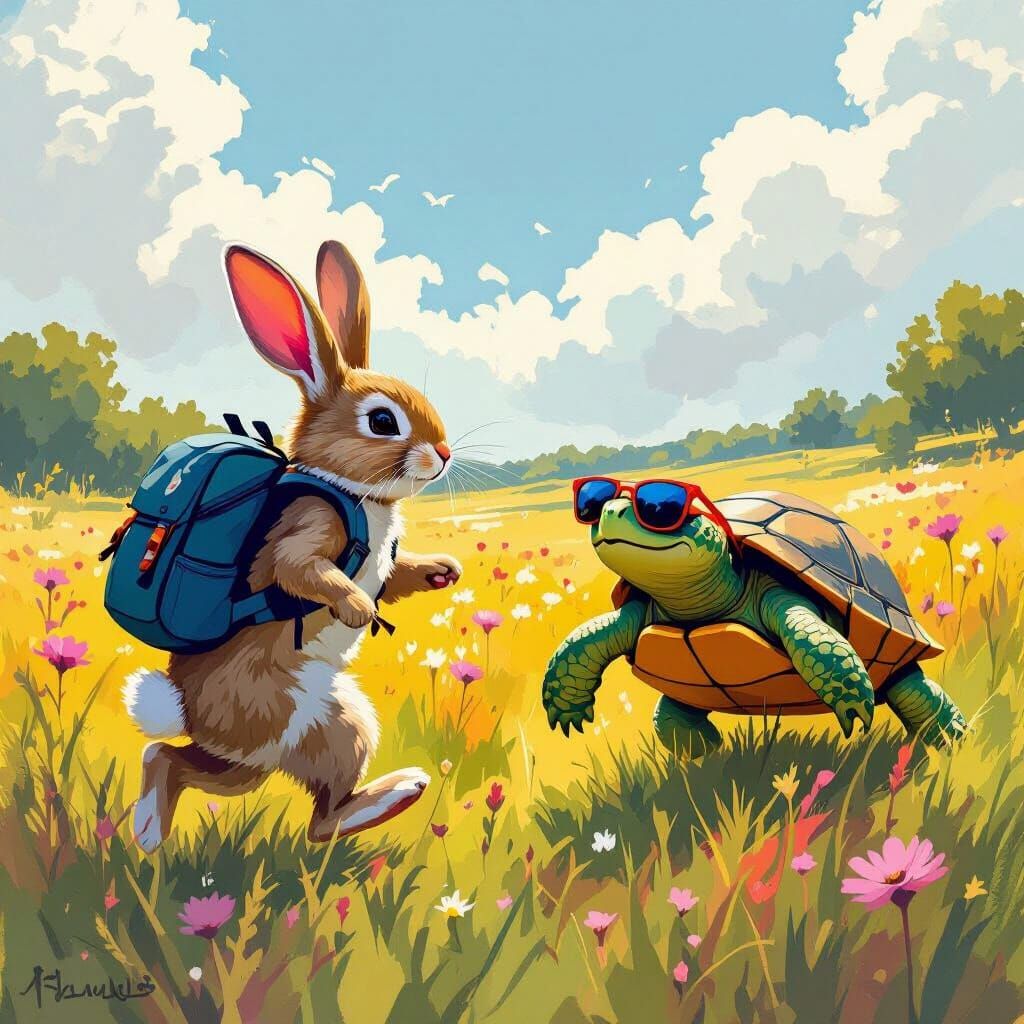 Rabbit and Turtle Chase in Vibrant Meadow