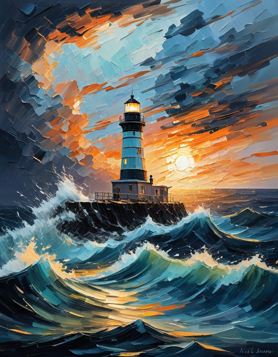 Lighthouse in Stormy Seas: Impasto Palette Knife Painting