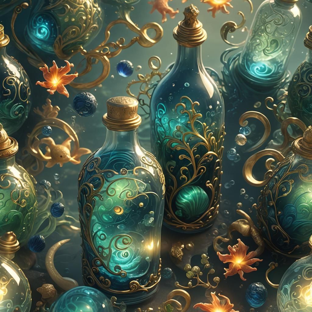 Glowing Ocean in Ornate Glass Bottle