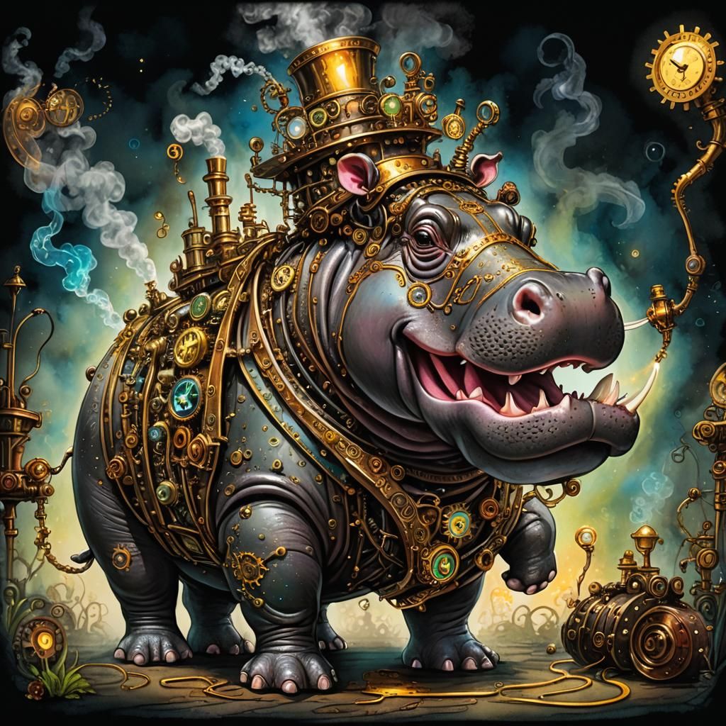 Joyful Steampunk Hippo Machine in Watercolor Style