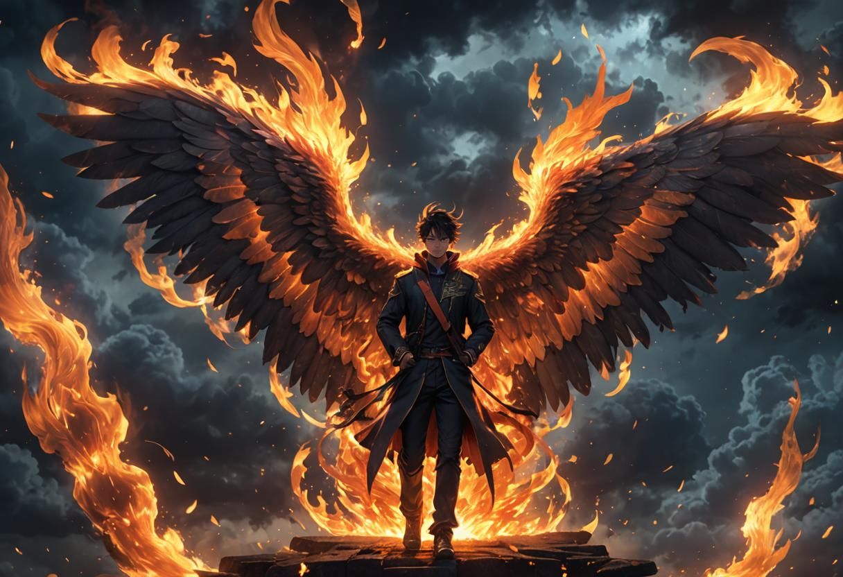 Winged Man Soaring in Dark Sky: Anime Art