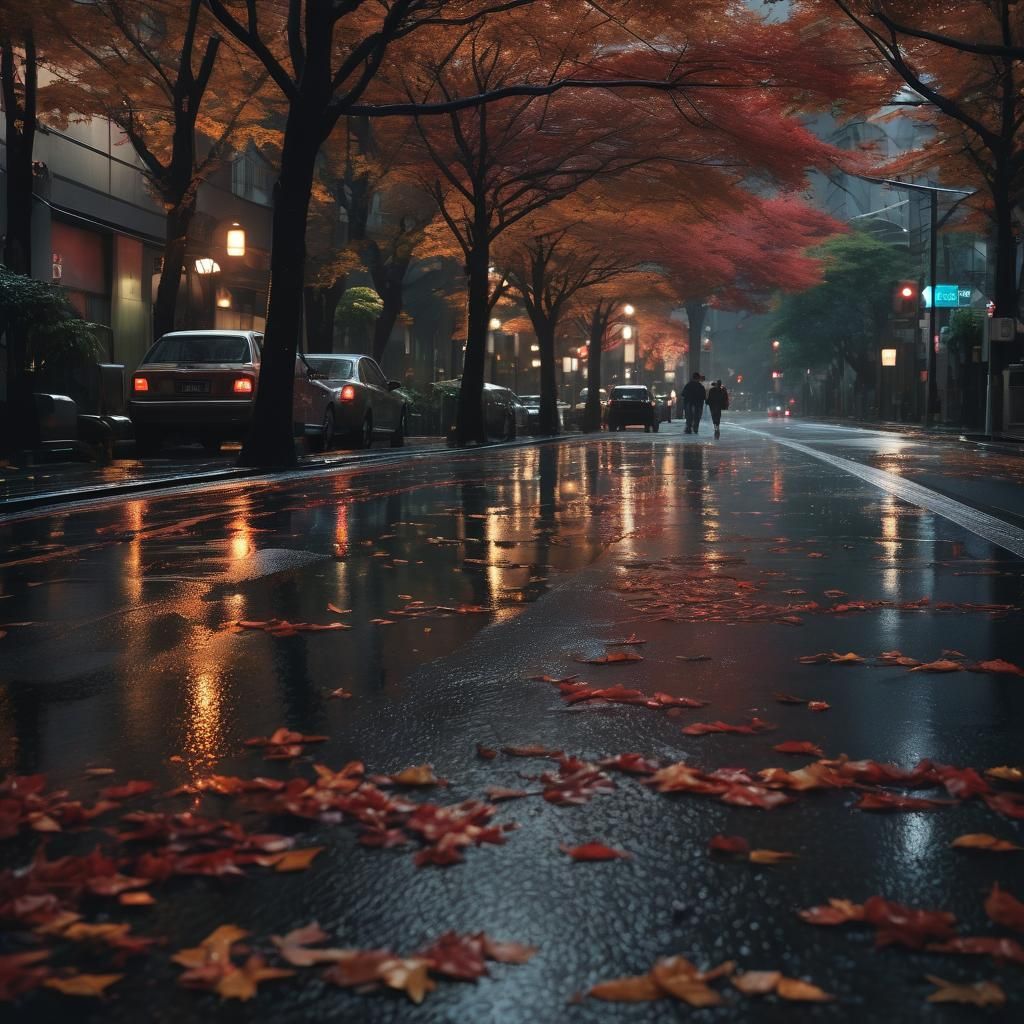 Rainy Tokyo Street Scene in Hyperrealistic Style