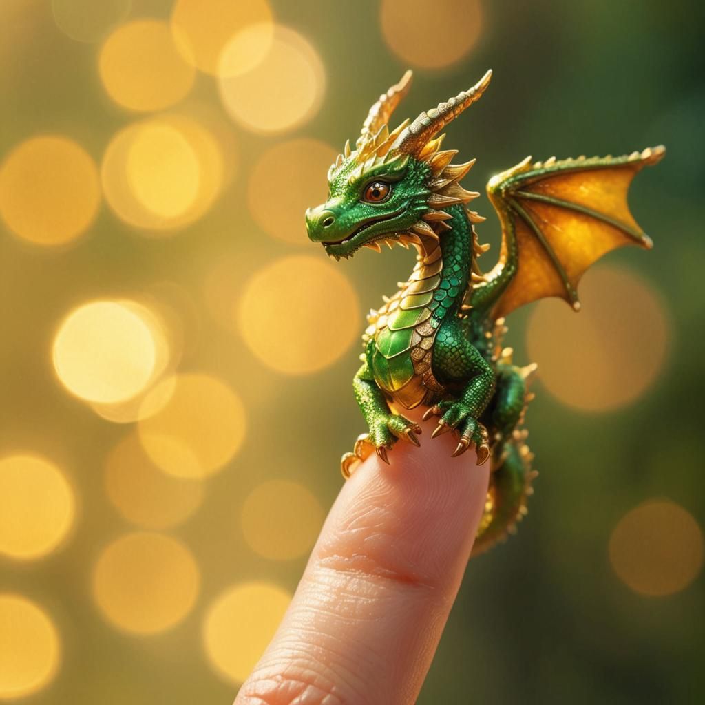Whimsical Golden Dragon on a Finger in Illustration