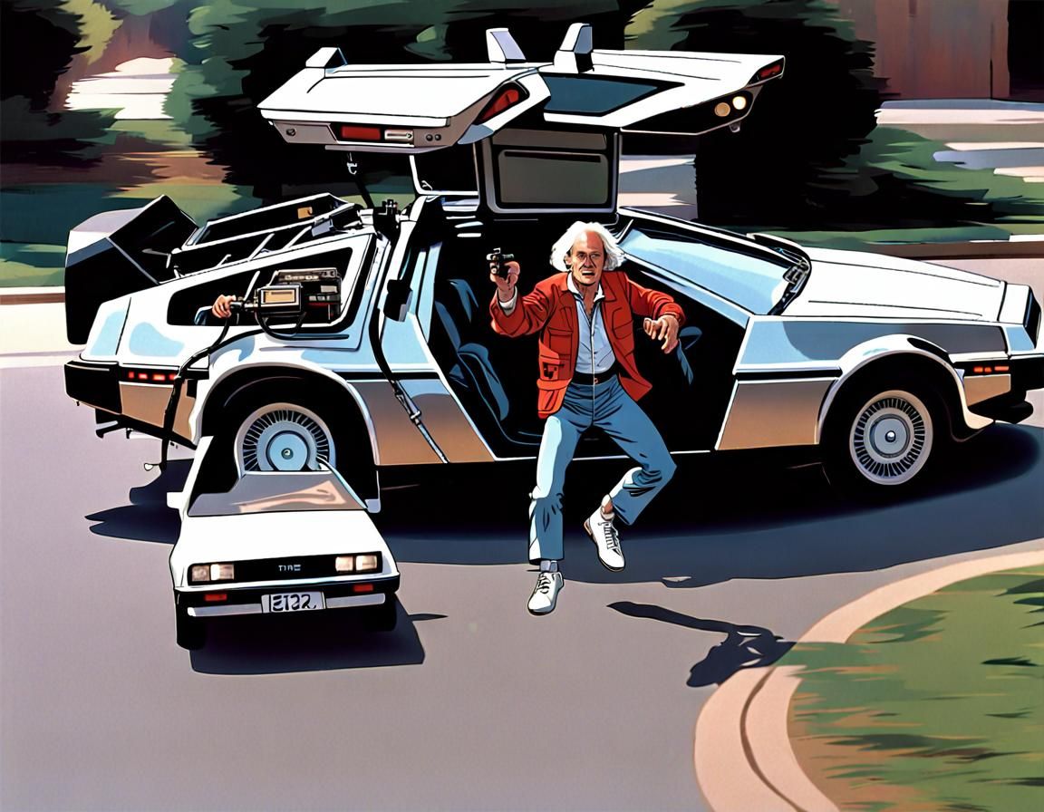 Doc Brown Driving DeLorean in Back to the Future