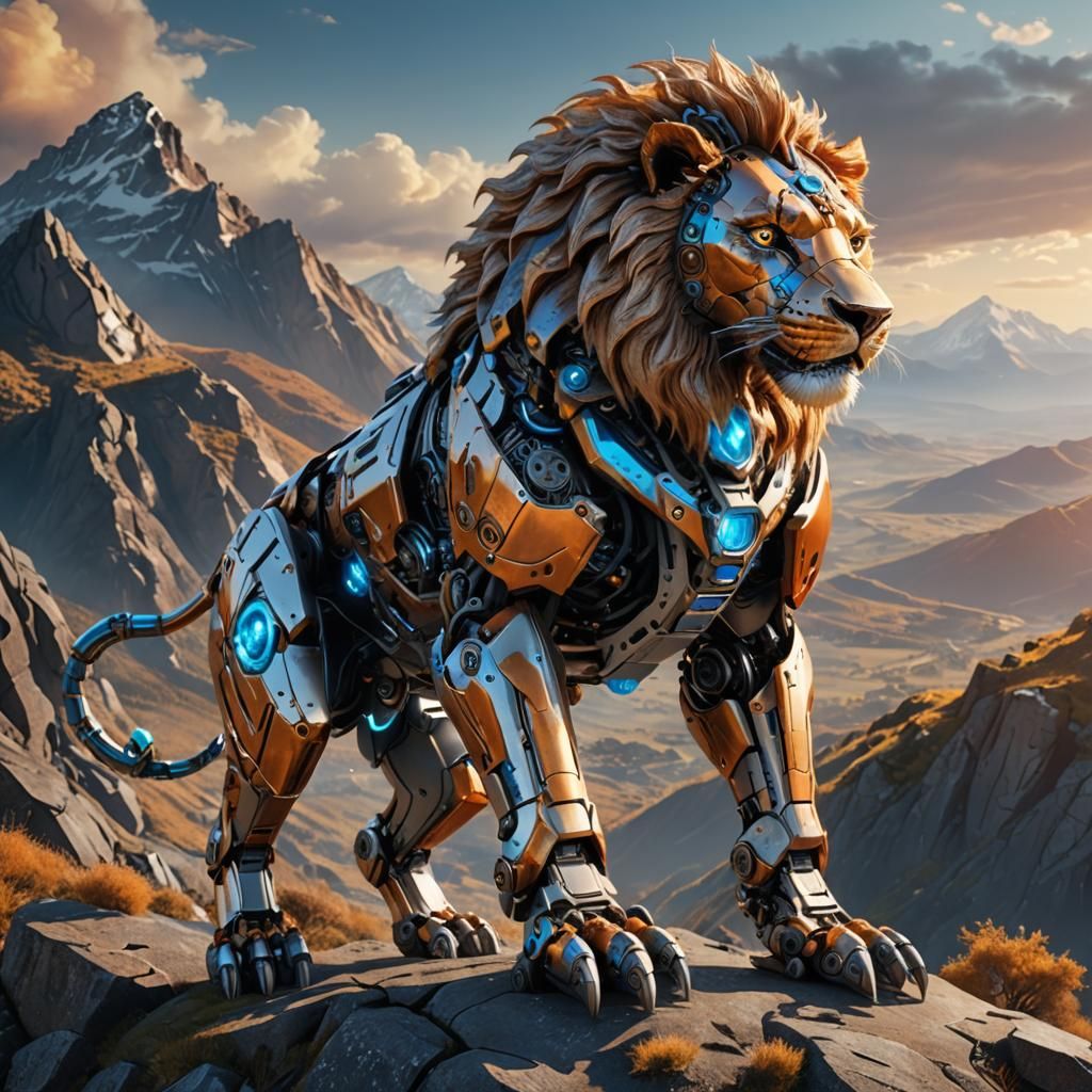 Robotic Lion on Mountain Peak: Vivid Digital Art
