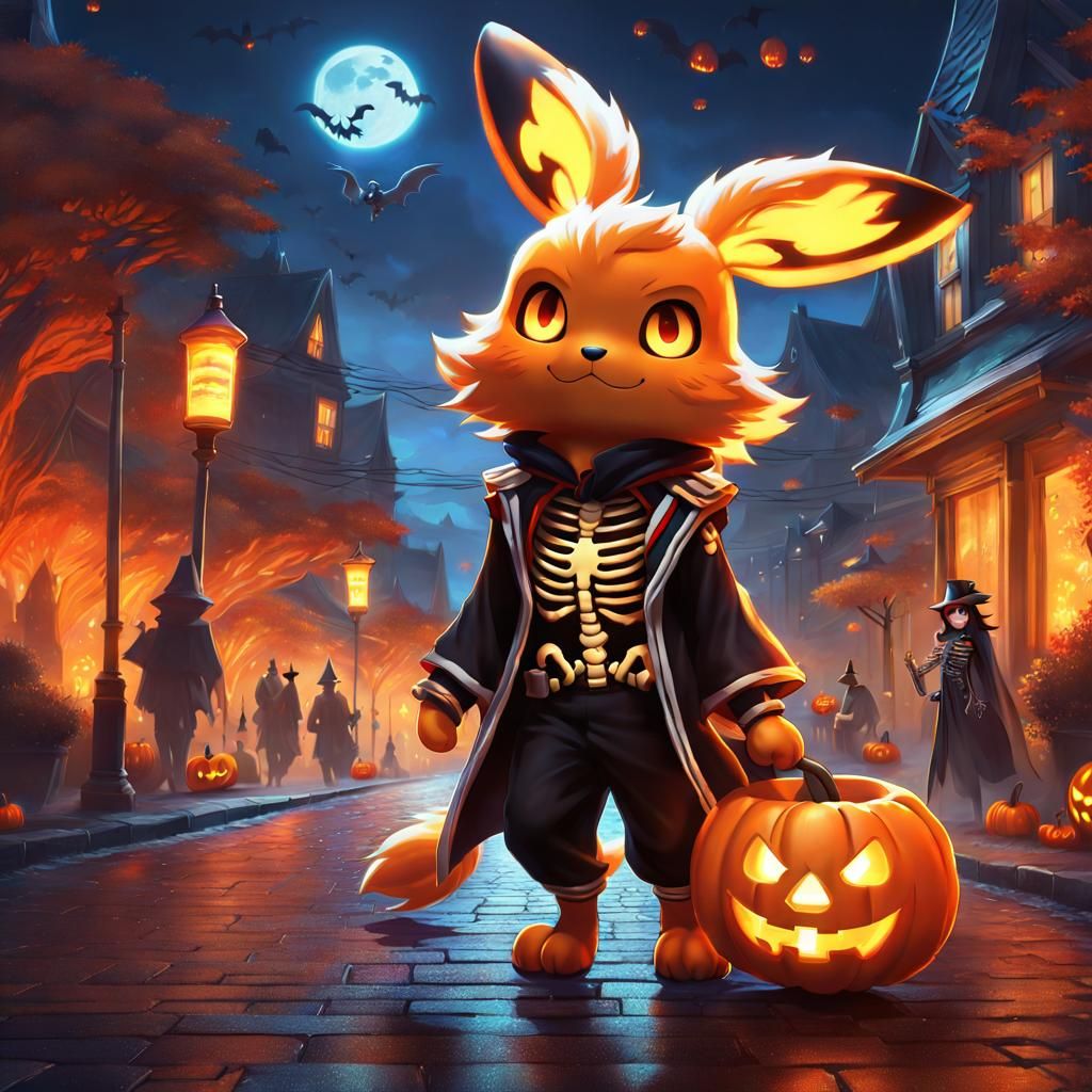 Flareon Skeleton Walks Halloween Streets