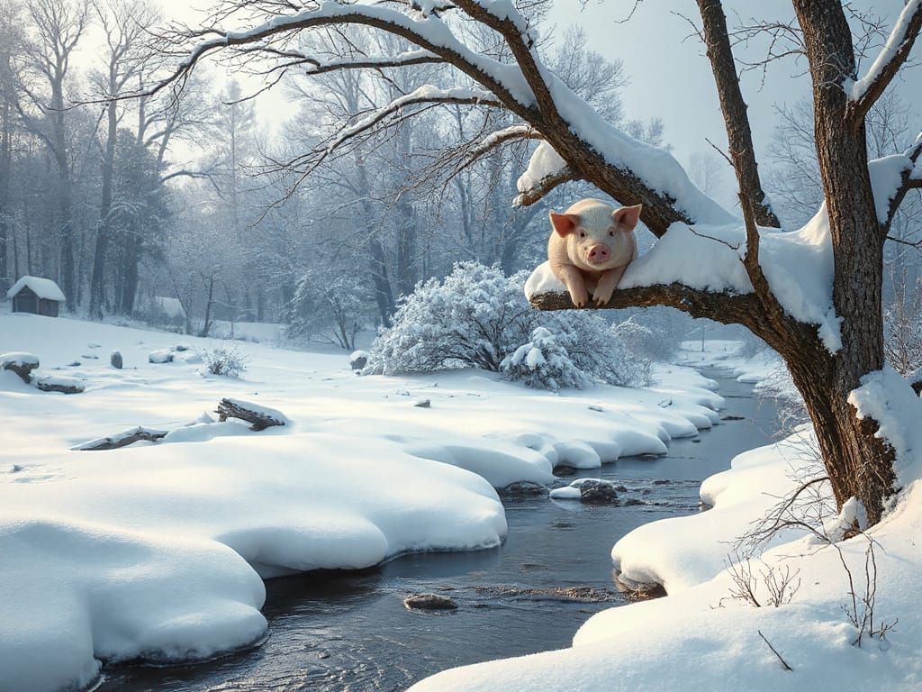 Pig on Snowy Branch in Hyperrealistic Winter Scene