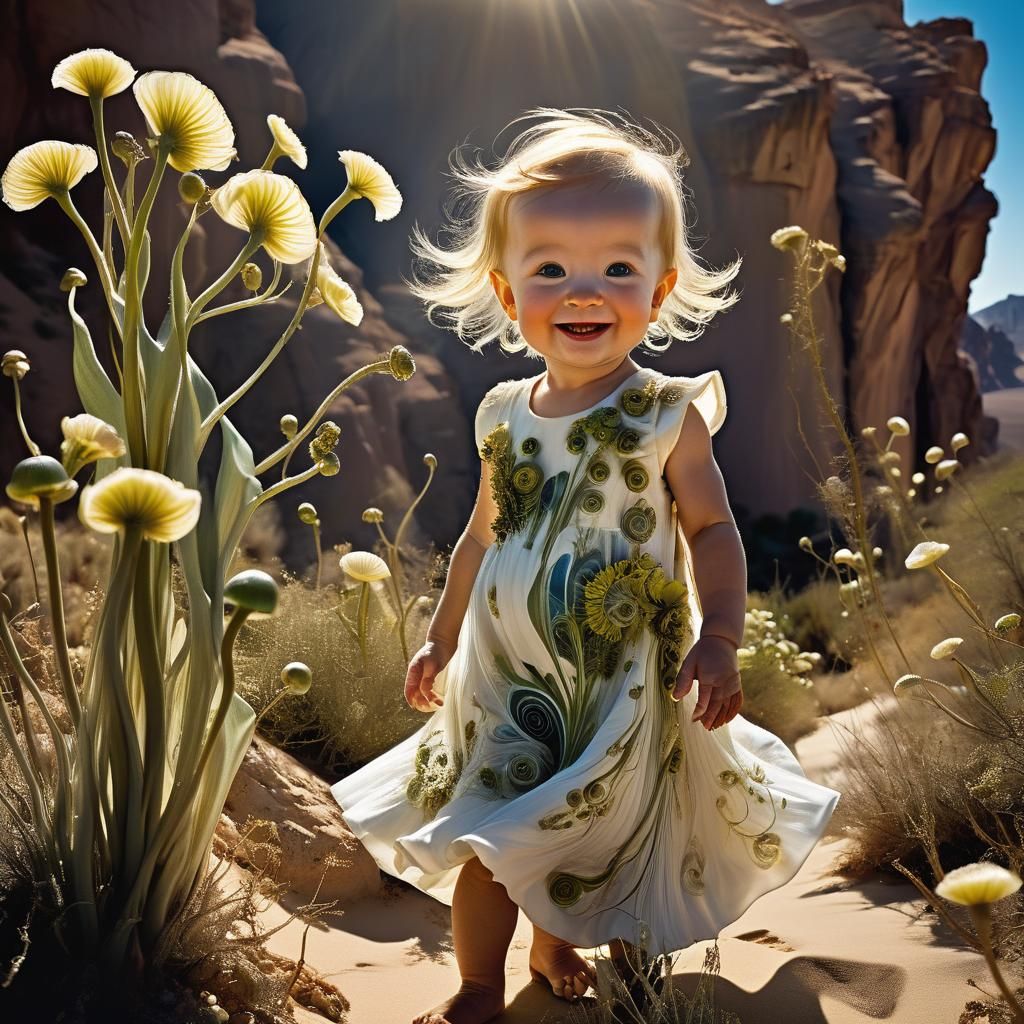 Radiant Baby Among Desert Flora: Surreal Dreamscape