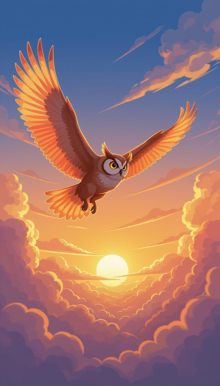 Feathered Owl Soaring Through Sunset Sky