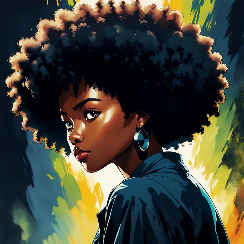 Anime Black Woman with Afro in Cézanne Style
