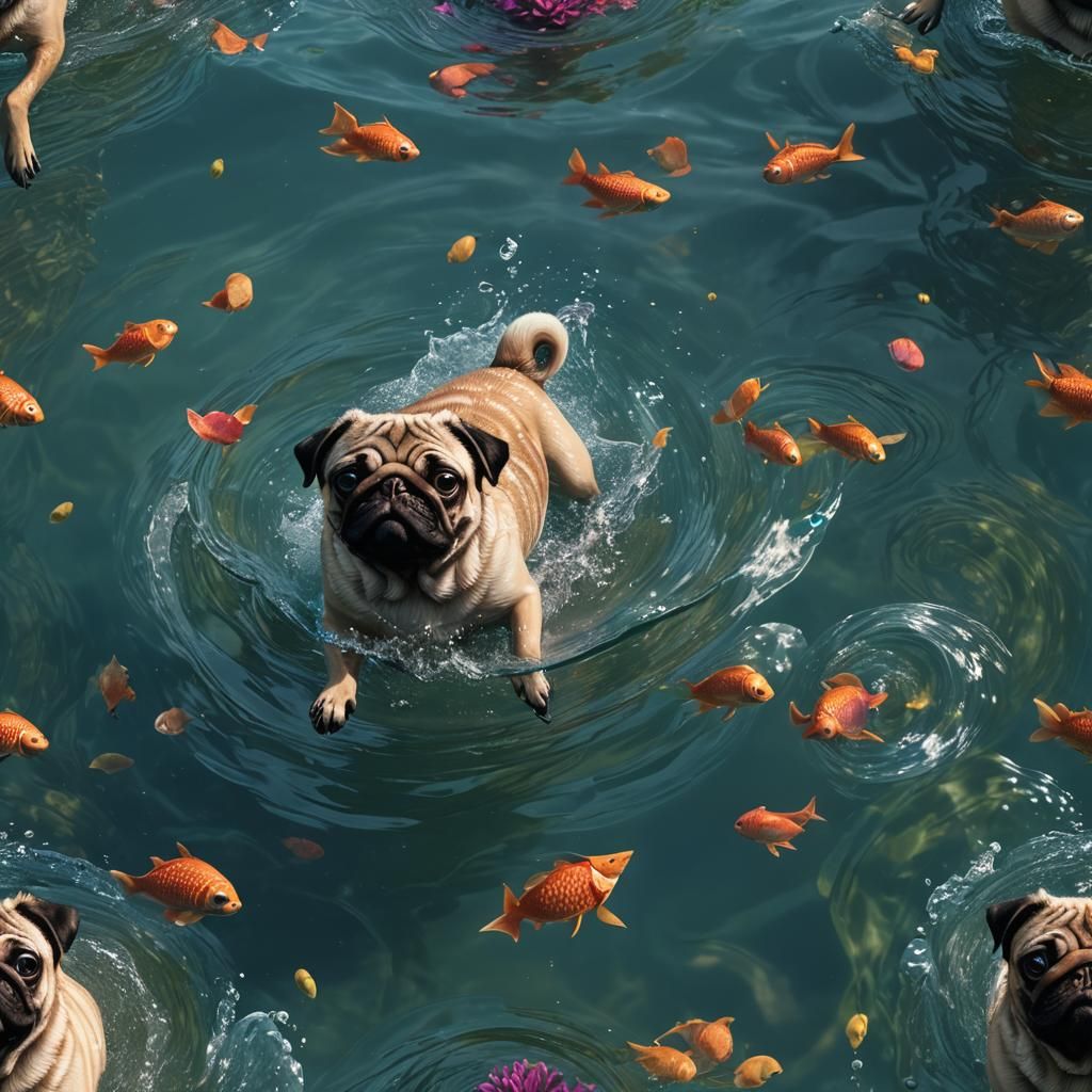 Pug Mermaid Swimming: Detailed Fantasy Concept Art