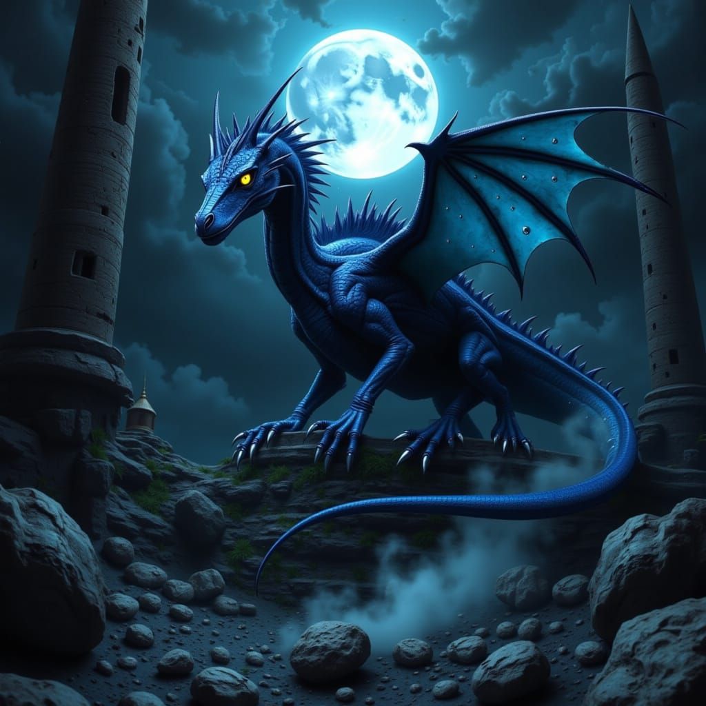 Blue Dragon Perched on Gothic Cathedral in High Fantasy Styl...