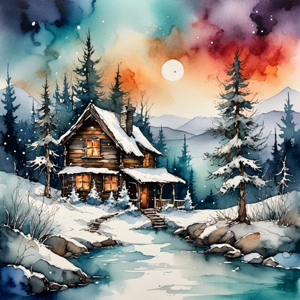 Cozy Winter Cabin in Watercolor Style