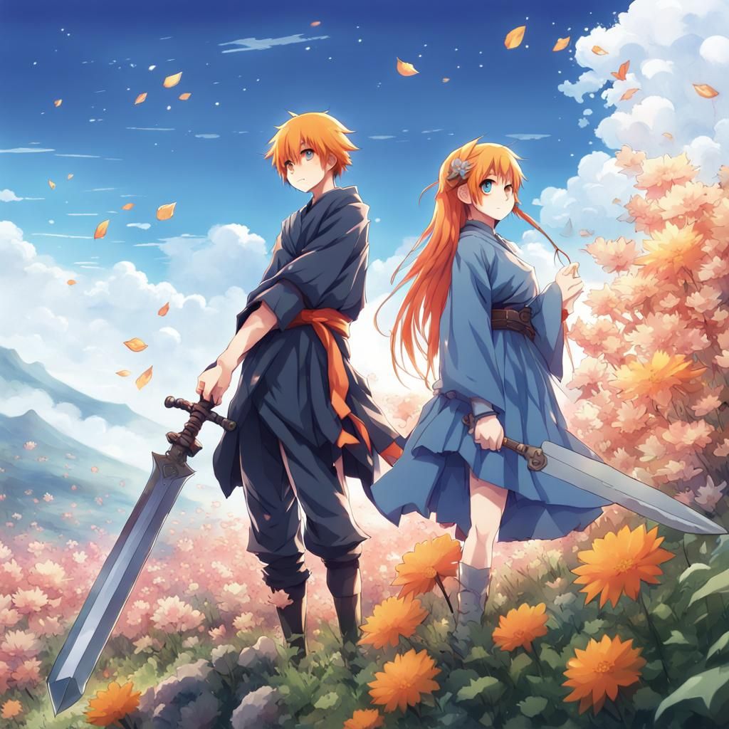 Anime Boy and Girl on Flower Hill