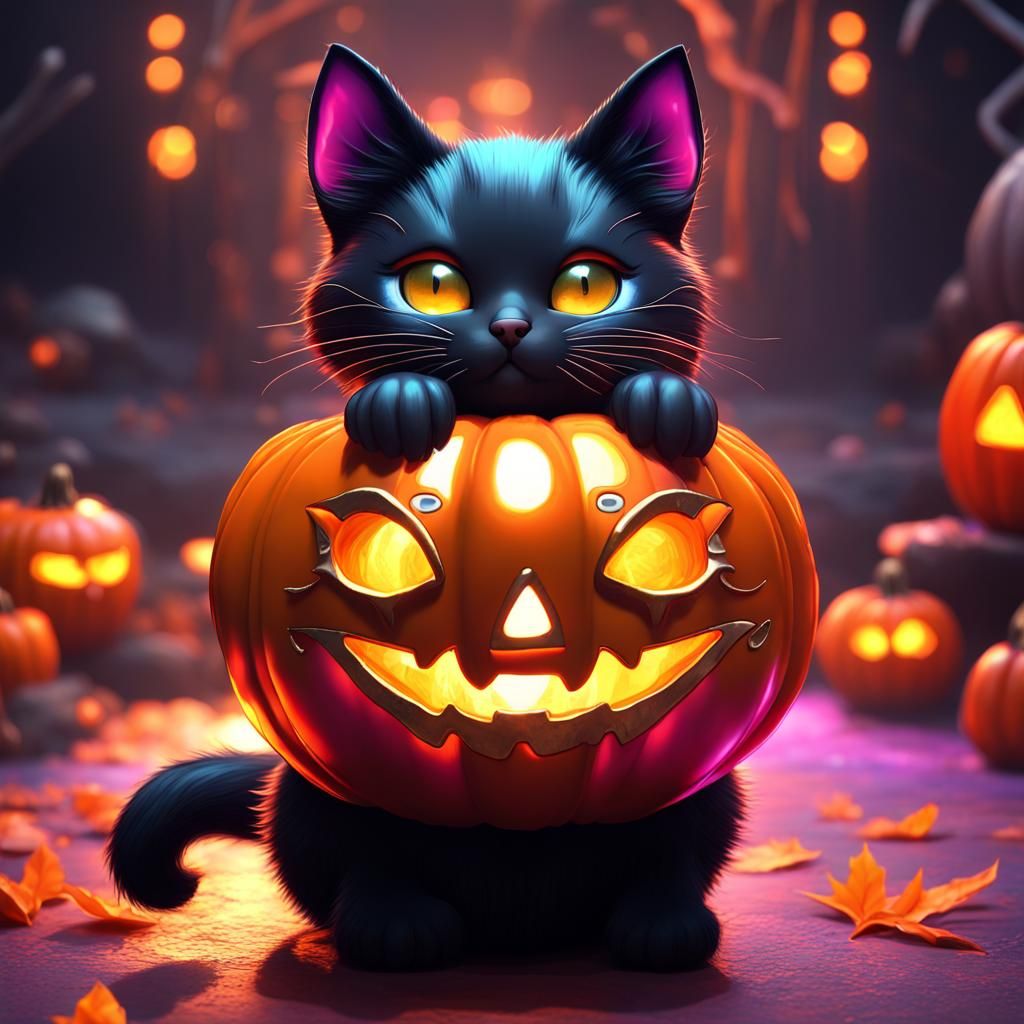 Cute Cats with Jack-o-Lanterns in Fantasy Art