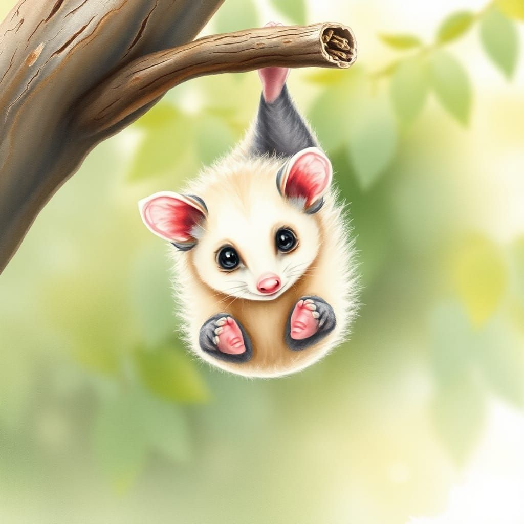Baby Opossum Watercolor Painting in Potter Style