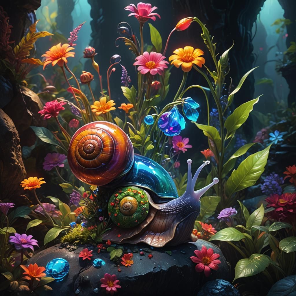 Glowing Glass Snail with Flowers in Fantasy Landscape