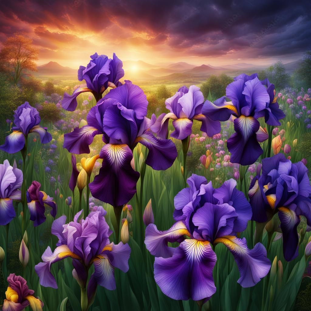 Colorful Iris Flowers in Digital Matte Painting