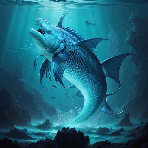 Bioluminescent Dragonfish in Deep Sea, Fantasy Art