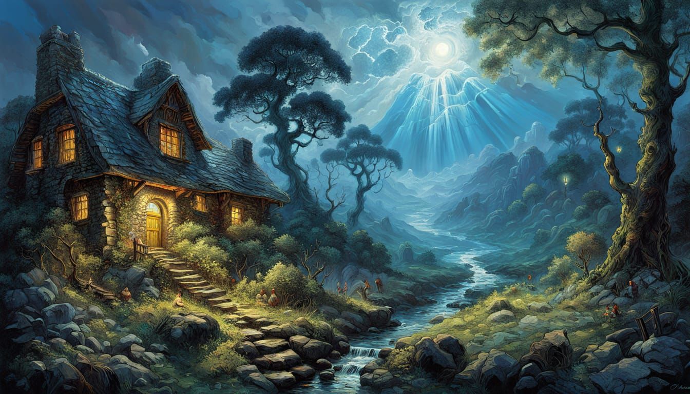 Idyllic Timber Frame House with Stream, Digital Art