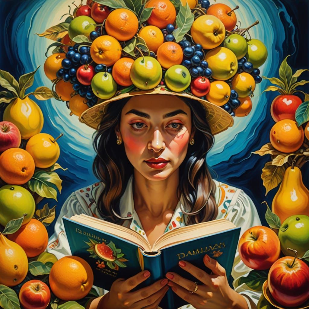 Surreal Woman with Fruit Hat Reads Book