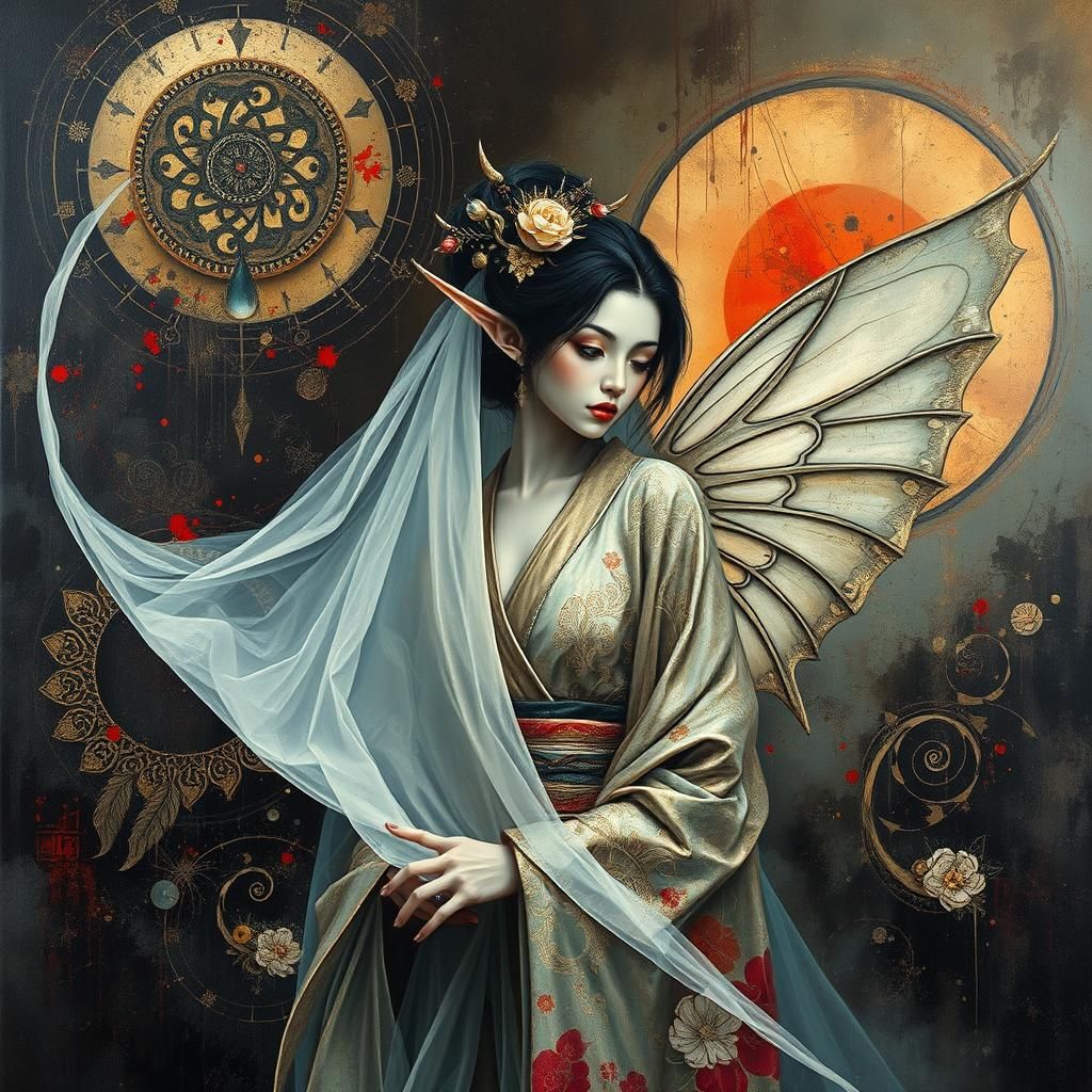 Ethereal Geisha Elf in Dystopian Art Deco Setting