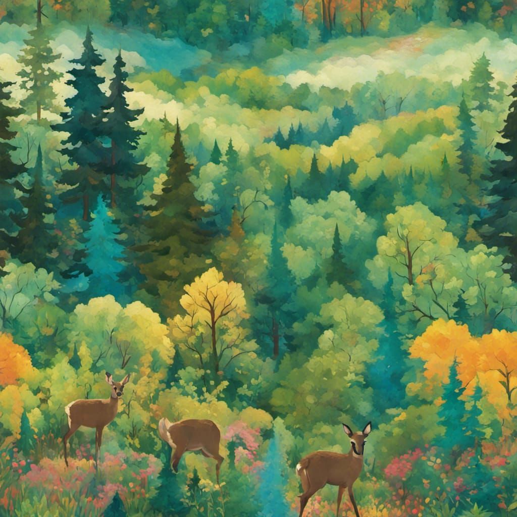 Painterly Forest Scene with Fawn and Distant Mountains