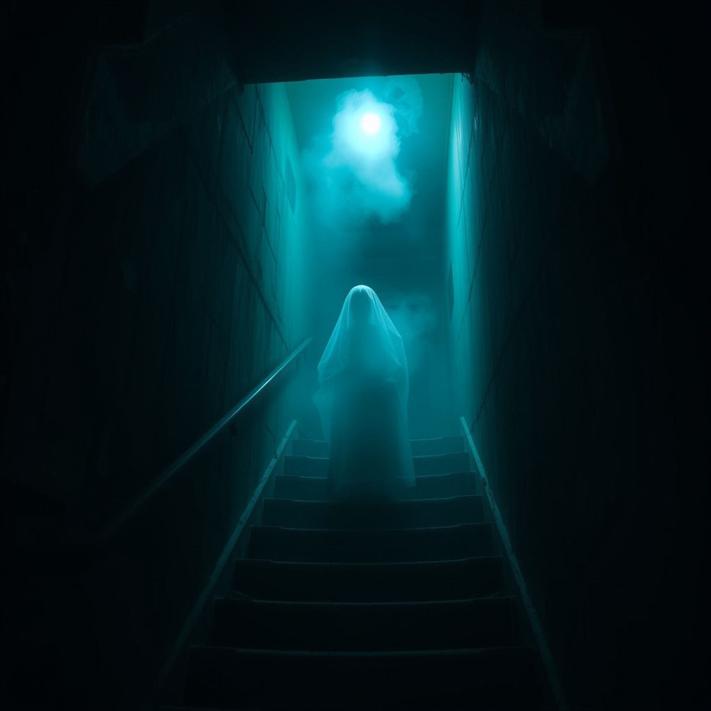 Ethereal Figure on Haunted Staircase in Night Vision