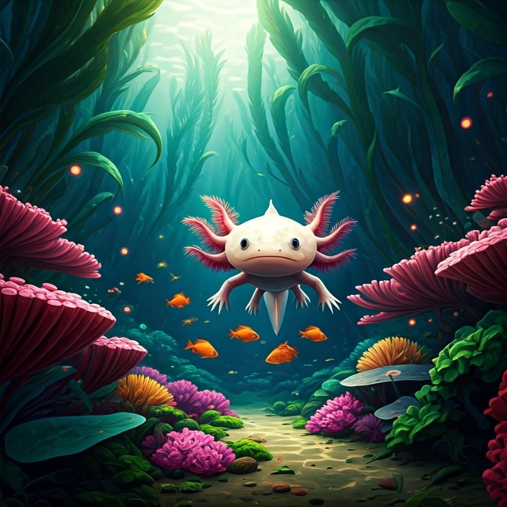 Mystical Aquatic Realm with Axolotl and Iridescent Fish