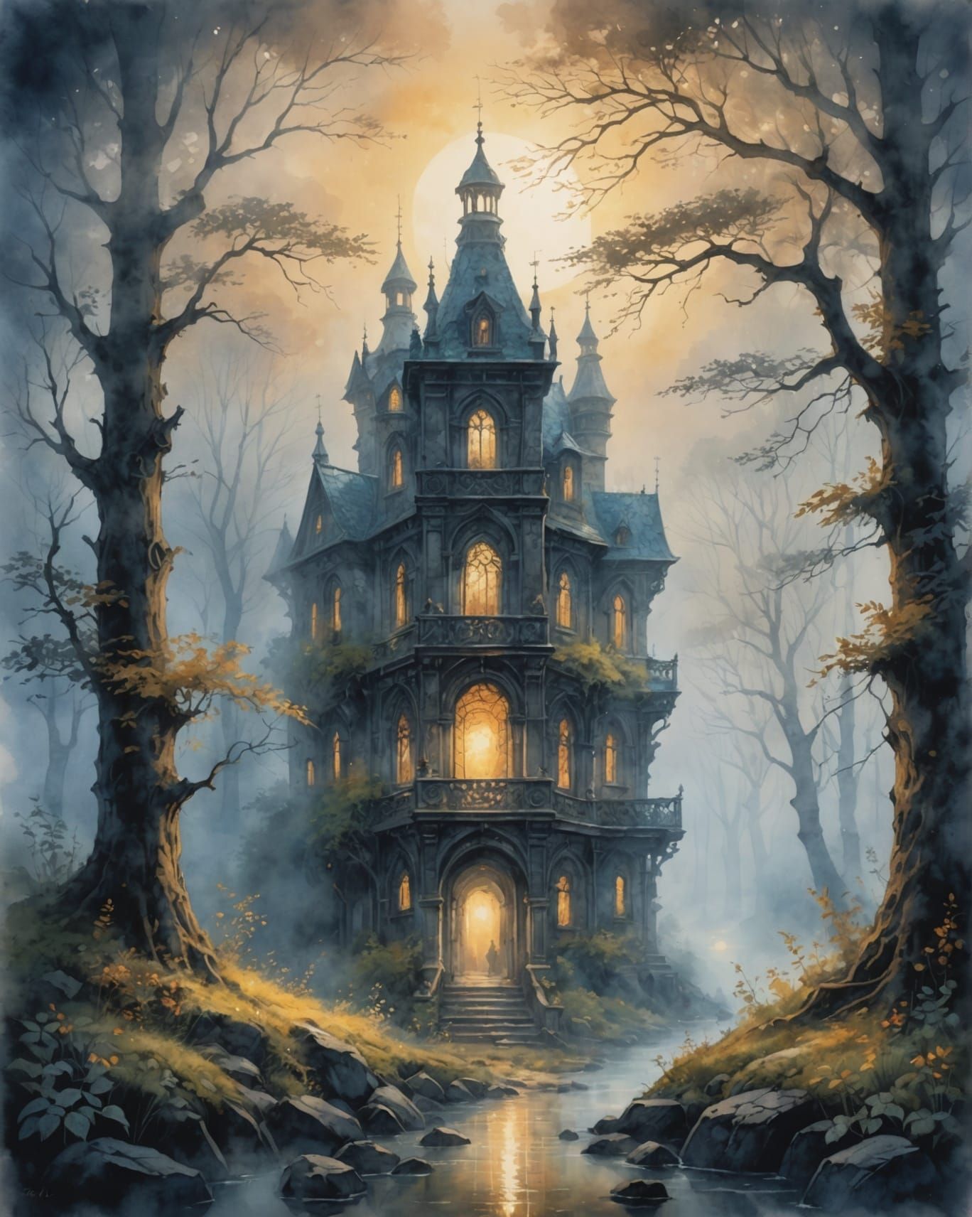 Mystical Light Guides Through Fog in Watercolor Painting