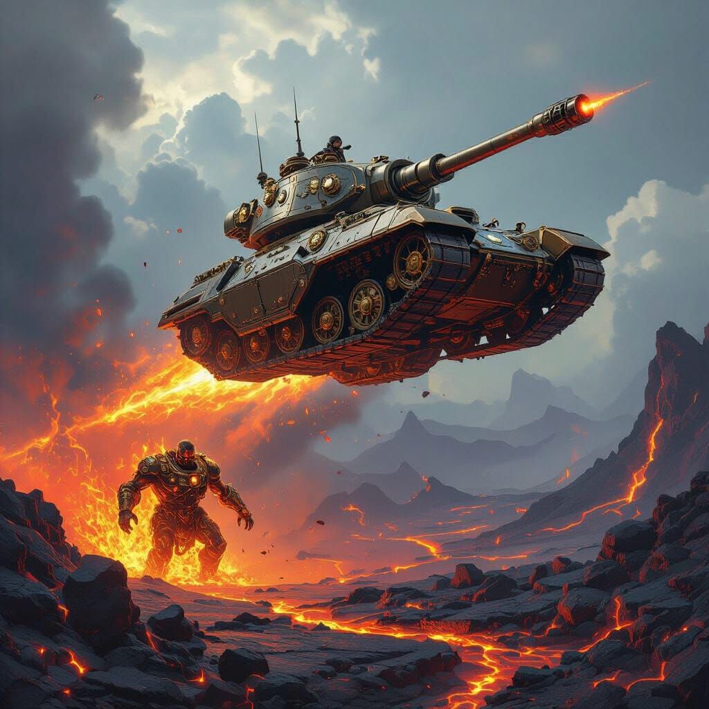 Steampunk Tank Soars Over Volcanic Landscape with Lava Man