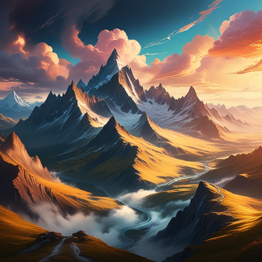 Majestic Mountain Range in Dreamlike Oil Painting