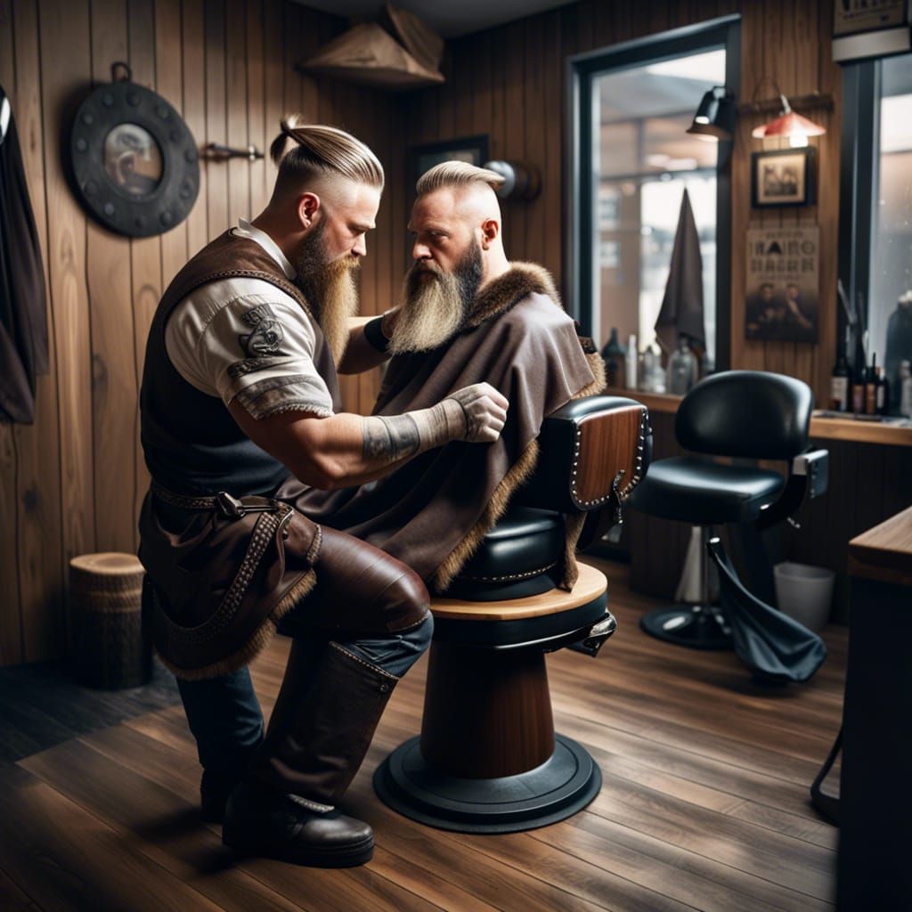Incredible hyper realistic hd photograph of a viking getting his black hair cut at a viking barber shop sitting on a woo...