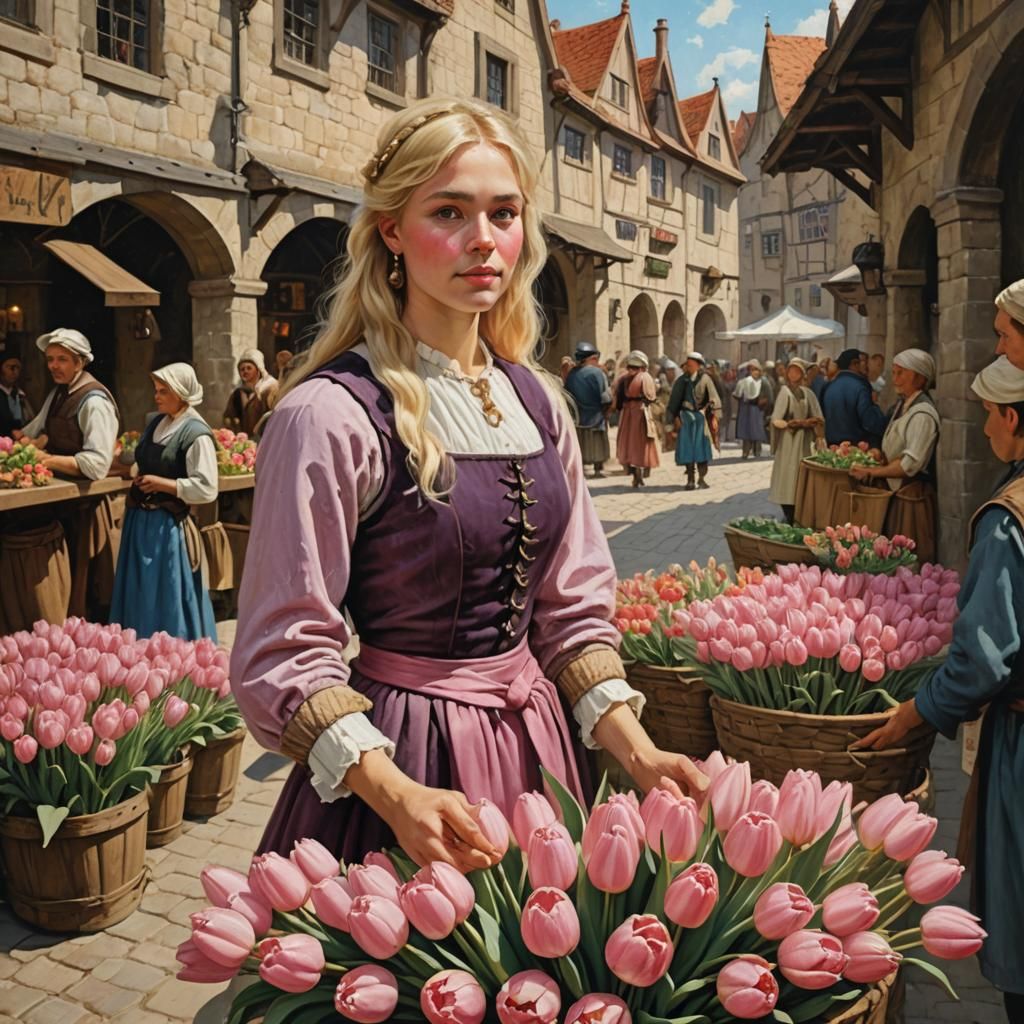 Blond Woman Selling Tulips: Oil Painting in Medieval Market