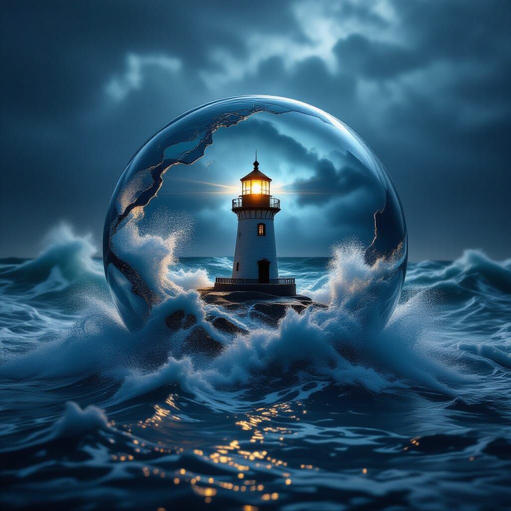 Glowing Lighthouse Encased in Stormy Glass Sphere